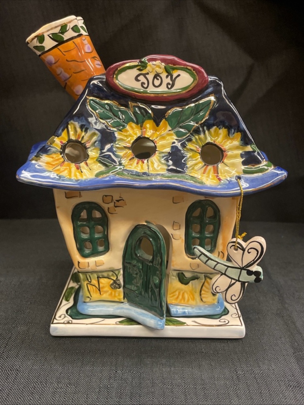 Vintage Blue Sky Pottery Clayworks “Joy” House Tea Light Holder, Signed